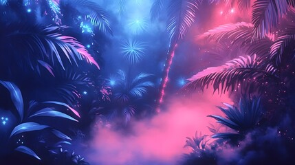 Fototapeta premium Neon-lit Tropical Forest Landscape with Dreamy Glowing Lights and Lush Foliage