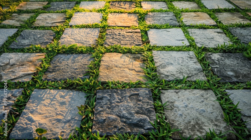 Wall mural Multicolored nested pavers enhancing stylish garden with green grass