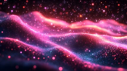 Fototapeta premium Mesmerizing Digital Particles Forming Holographic Waves in Neon Cosmic Backdrop