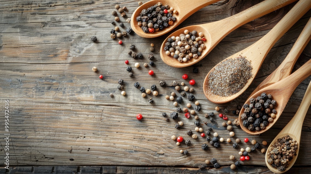 Poster image of peppered spoons on wooden surface with room for text