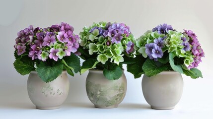Plastic flowers in green and purple hues in ceramic pots on a white backdrop