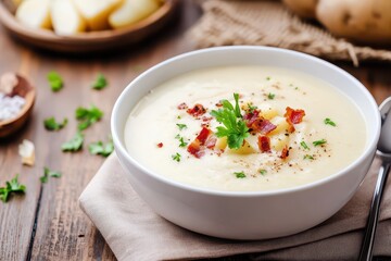 Delicious creamy potato soup garnished with herbs and bacon, served in a rustic bowl.