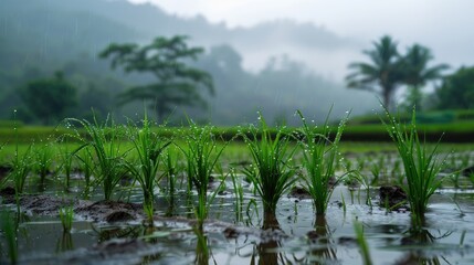 Obraz premium Rice Planting in Rainy Season