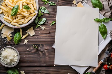 Pasta and ingredients for cooking on wooden background