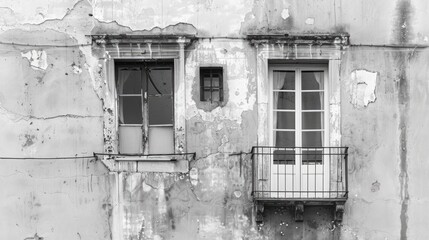 Monochrome picture Windows on old building wall