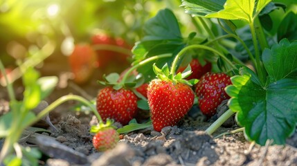 Ripe strawberries with numerous seeds grow in a summer garden on a sunny day
