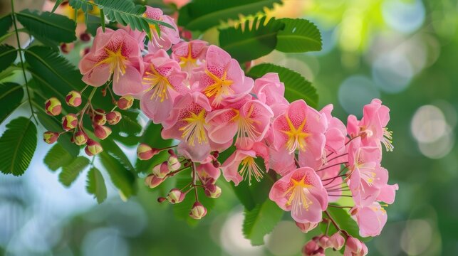 Pink cassia javanica blooming on tree with green foliage backdrop