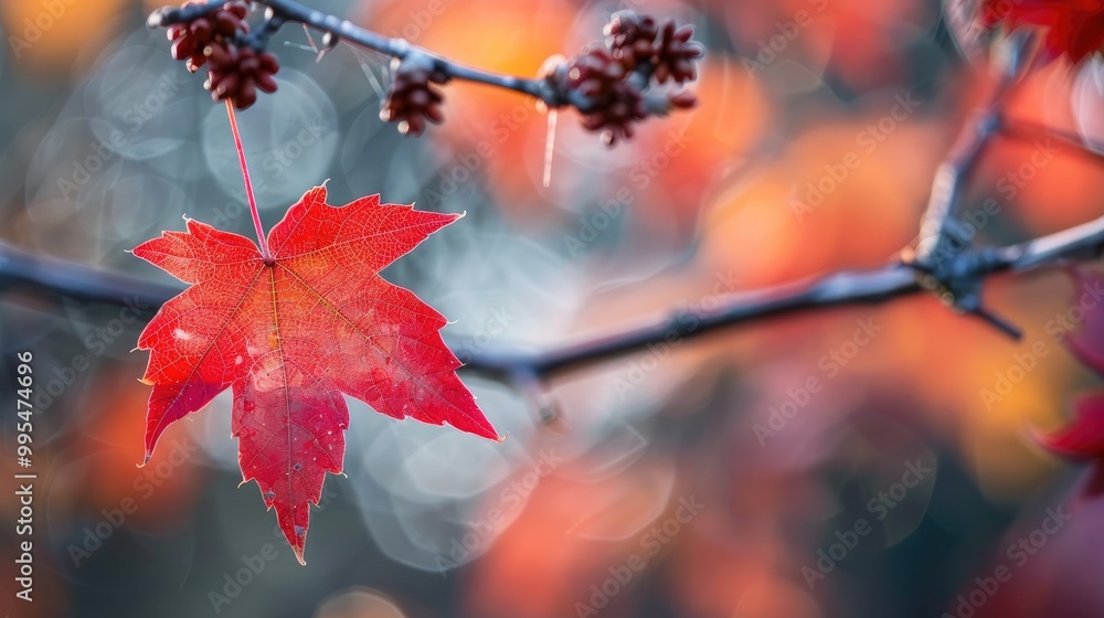 Poster red maple leaf on branch in fall