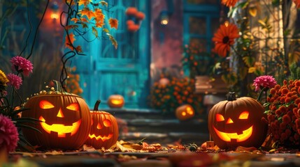 Pumpkins carved for Halloween displayed in vibrant setting