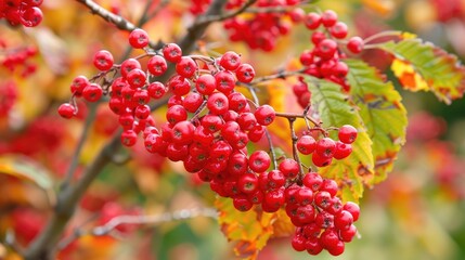 Red viburnum berries on branch in garden in autumn