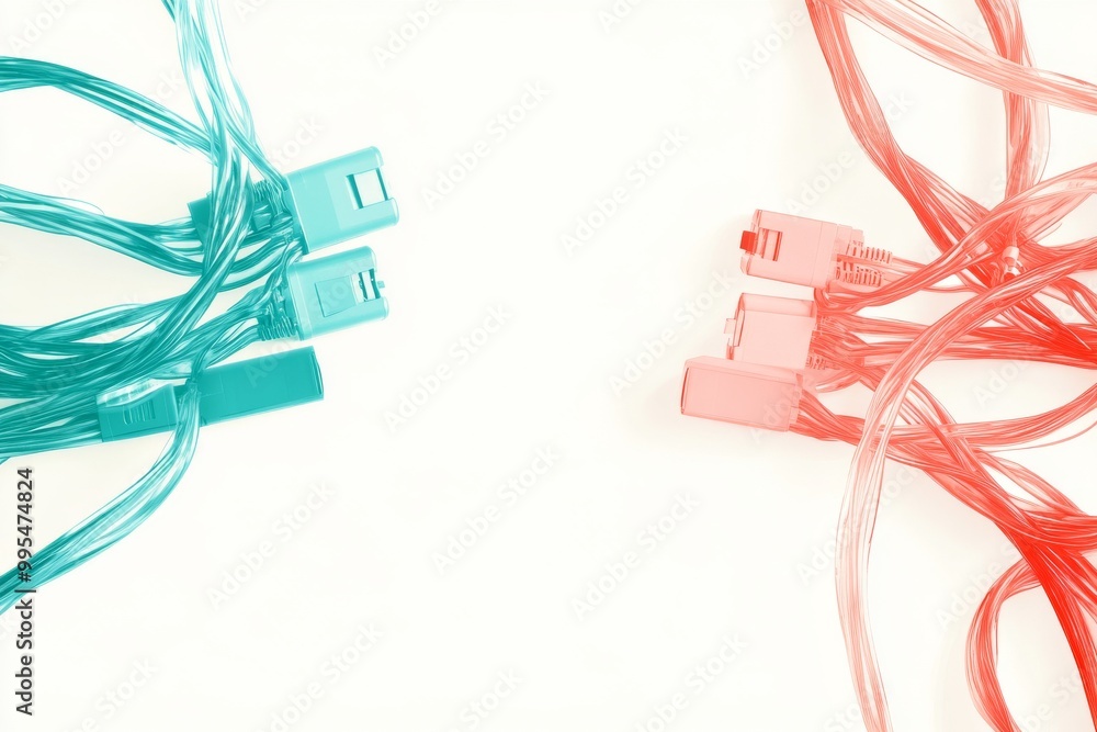 Poster close up of teal and red usb cables intertwined symbolizing secure data transfer connectivity and mo