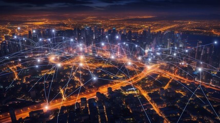 Illuminated Cityscape with Interconnected Network Lines