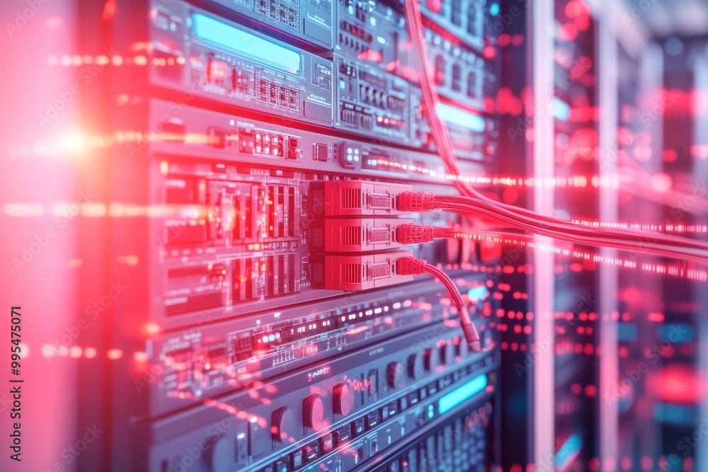 Aufkleber red and pink cables in a network server room symbolizing organized data transmission secure connecti