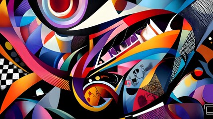 Vibrant abstract composition featuring complex geometric patterns and organic shapes in a surreal design
