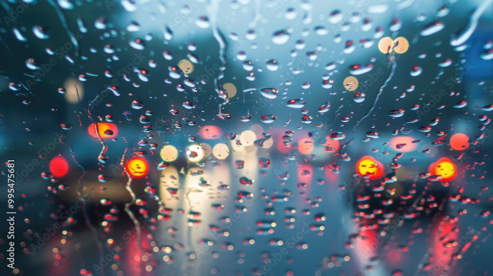 Poster raindrops and blurred light background seen through a car window with traffic congestion view