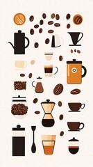A colorful illustration of various coffee brewing methods and tools, including a French press, pour-over, and drip coffee maker.