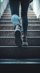 Person walking up stairs in jeans with determined mood and upward movement