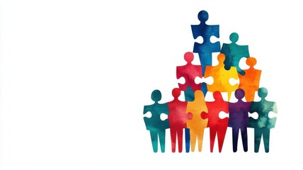 Group of people forming a human puzzle, diversity concept, Watercolor style