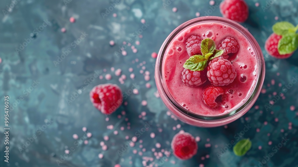 Poster raspberry smoothie in a jar from above with empty space