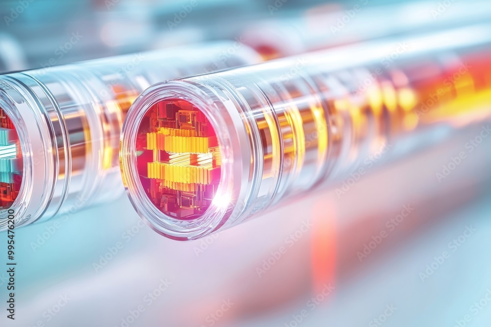 Poster transparent glowing fiber optic tubes symbolizing fast data transmission secure connection and moder