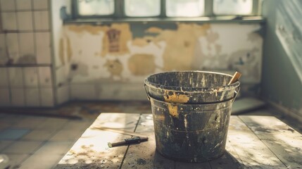 Naklejka premium Repairing a paint bucket on a wooden table in a room with white walls tiled floors and sunlight through a window