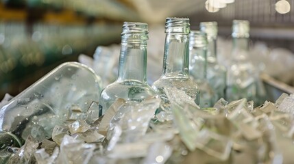 Recycled glass shards in white bottles for new industrial production