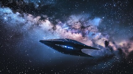 Obraz premium Futuristic spaceship navigating through a glowing, colorful galaxy with stars and planets, evoking a sense of space exploration and adventure.