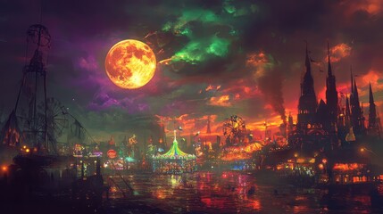Obraz premium Creepy carnival set against a futuristic cityscape, harvest moon glowing, sky blending purples, greens, and fiery orange clouds