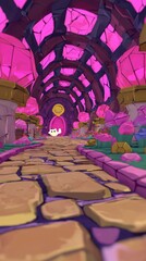 Obraz premium Whimsical Cartoon Pathway with Pink Crystal Roof