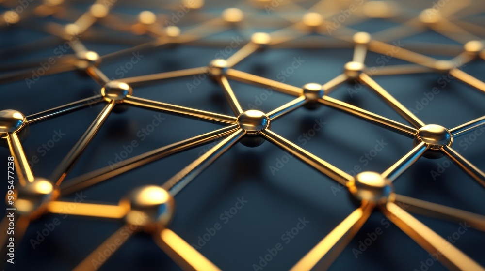 Poster an intricate network of golden lines and nodes is illuminated softly in a dark environment, highligh