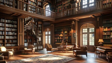 Obraz premium Vintage library interior with bookshelves and rows of old books