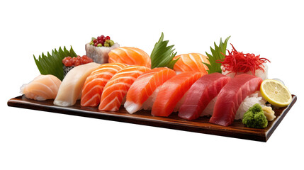 Fresh raw sashimi on white isolated on clear png background and transparent background. Vegetable and food concept for health, AI generative.