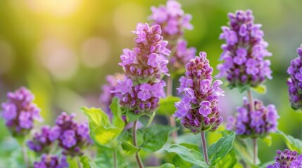 Obraz premium Prunella vulgaris a beneficial plant in alternative medicine and beauty care growing with purple flowers in the summer garden