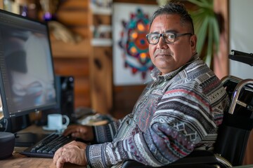 Fototapeta premium Middle-aged Indigenous man in a wheelchair works from his home office. , background blur