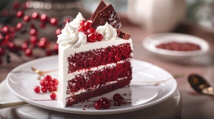 Red velvet cake slice with lovely adornments