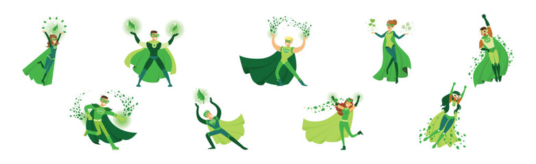 Eco Superhero Man and Woman Character in Green Cloak and Mask Vector Set
