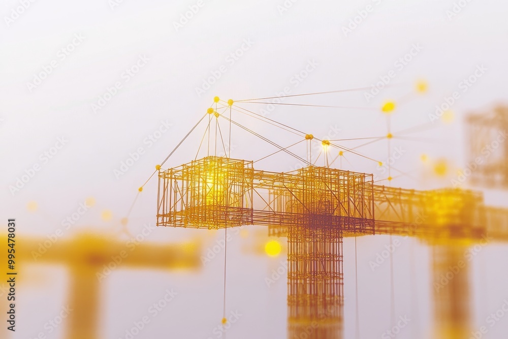 Poster transparent geometric shapes interconnected by orange glowing cables symbolizing fast data transfer 