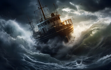 Stormy sea with a ship battling the waves under a dramatic sky at sunset