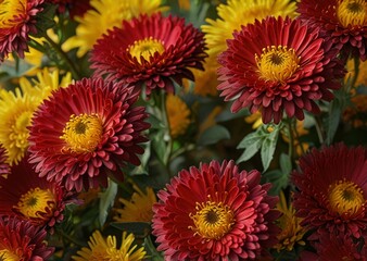 red asters on a yellow background