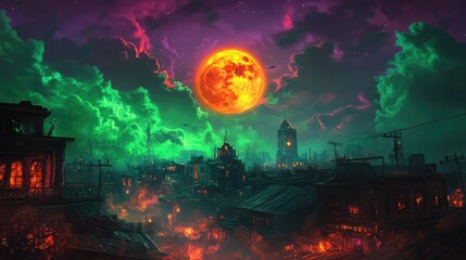 Dark Halloween carnival, with a harvest moon illuminating a dystopian skyline, and purple-green skies kissed with fiery orange clouds