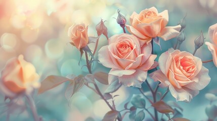 Rose flowers in soft pastel colors blooming with a blurred effect
