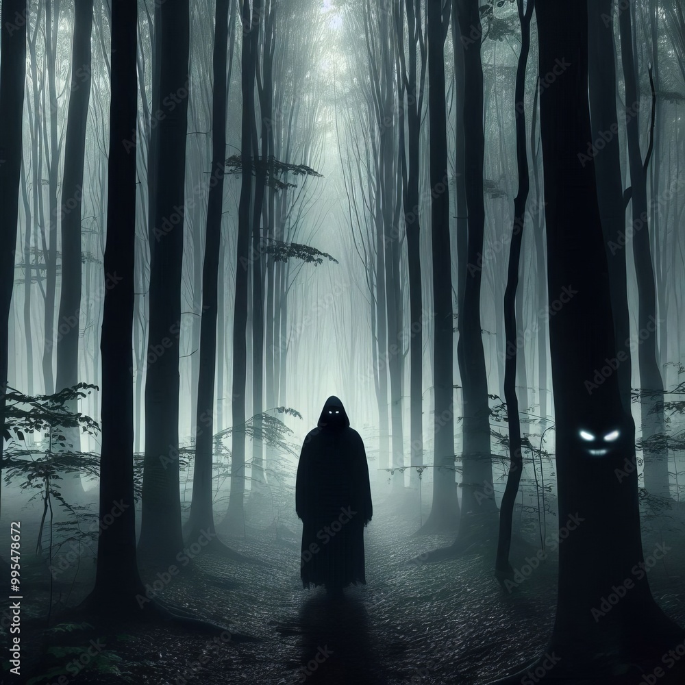 Poster a hooded figure walks through a misty forest while glowing eyes peer from the darkness between trees