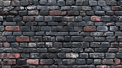 Fototapeta premium A black and red brick wall displays a rough texture and varying weathered patterns, typical of older urban architecture. It serves as a background in a city setting