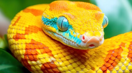 Fototapeta premium The brightly colored snake displays striking yellow and orange scales, with blue accents, while coiling around lush green leaves under the warm sunlight