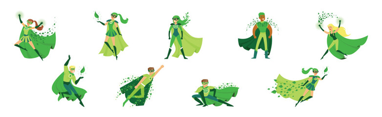 Eco Superhero Man and Woman Character in Green Cloak and Mask Vector Set © topvectors