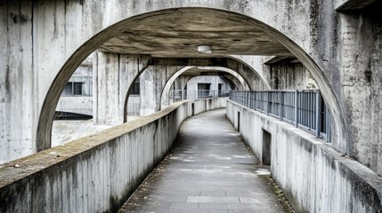 A winding concrete walkway is surrounded by bold archways creating an urban pathway, with a muted sky adding to the atmospheric feel of the area