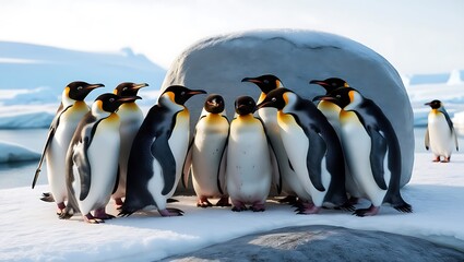 Obraz premium Step into the heartwarming world of penguins as they huddle around a large rock for warmth, creating a cozy and communal scene amidst the icy landscape.