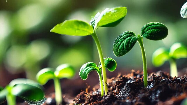 fresh green seedlings emerging from moist, rich soil, symbolizing new growth and life