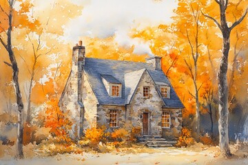 Watercolor Painting of Old Stone Cottage Nestled Among Golden Trees, Smoke Curling into Crisp, Clear Sky