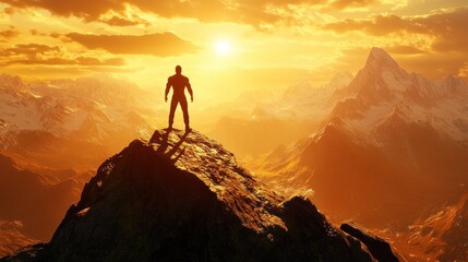 The silhouette of a hiker on a rocky summit contrasts against a vivid sunset, illuminating the surrounding mountains in breathtaking colors, creating a moment of tranquility and achievement